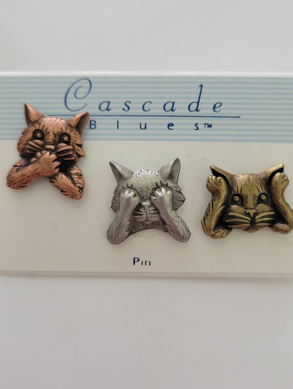 Vintage "JJ" Jonette Set Cat Pins See Hear Speak No Evil Silver-Copper-Gold Tone